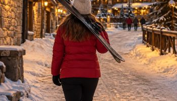 Woman seen from behind in a red puffer jacket and cream beanie carrying skis up a snowy village street at golden hour