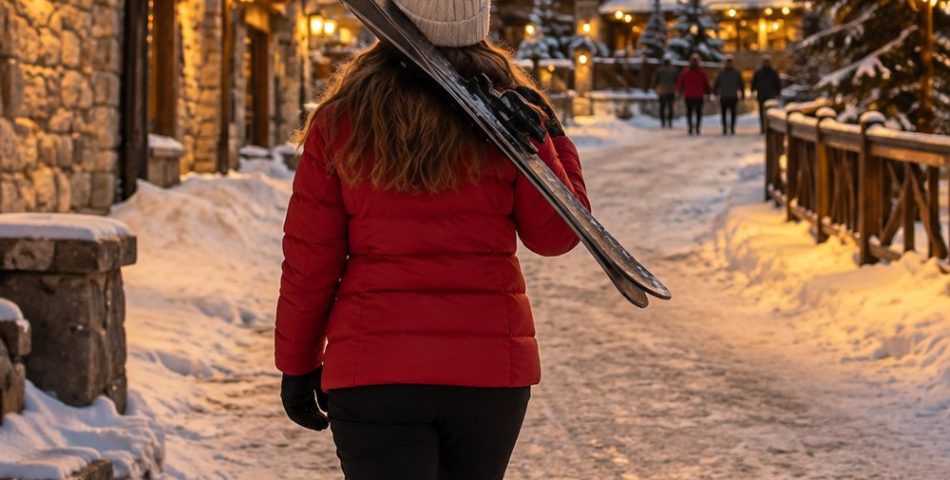 Woman seen from behind in a red puffer jacket and cream beanie carrying skis up a snowy village street at golden hour