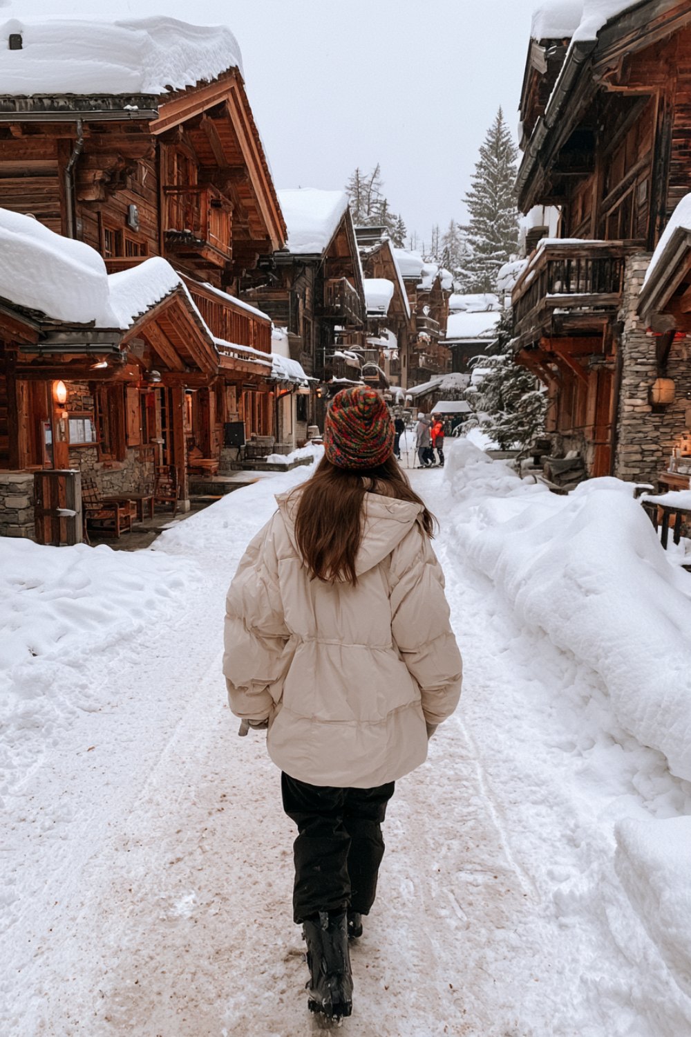 Woman seen from behind in a cream puffer jacket walking through a snowy ski village