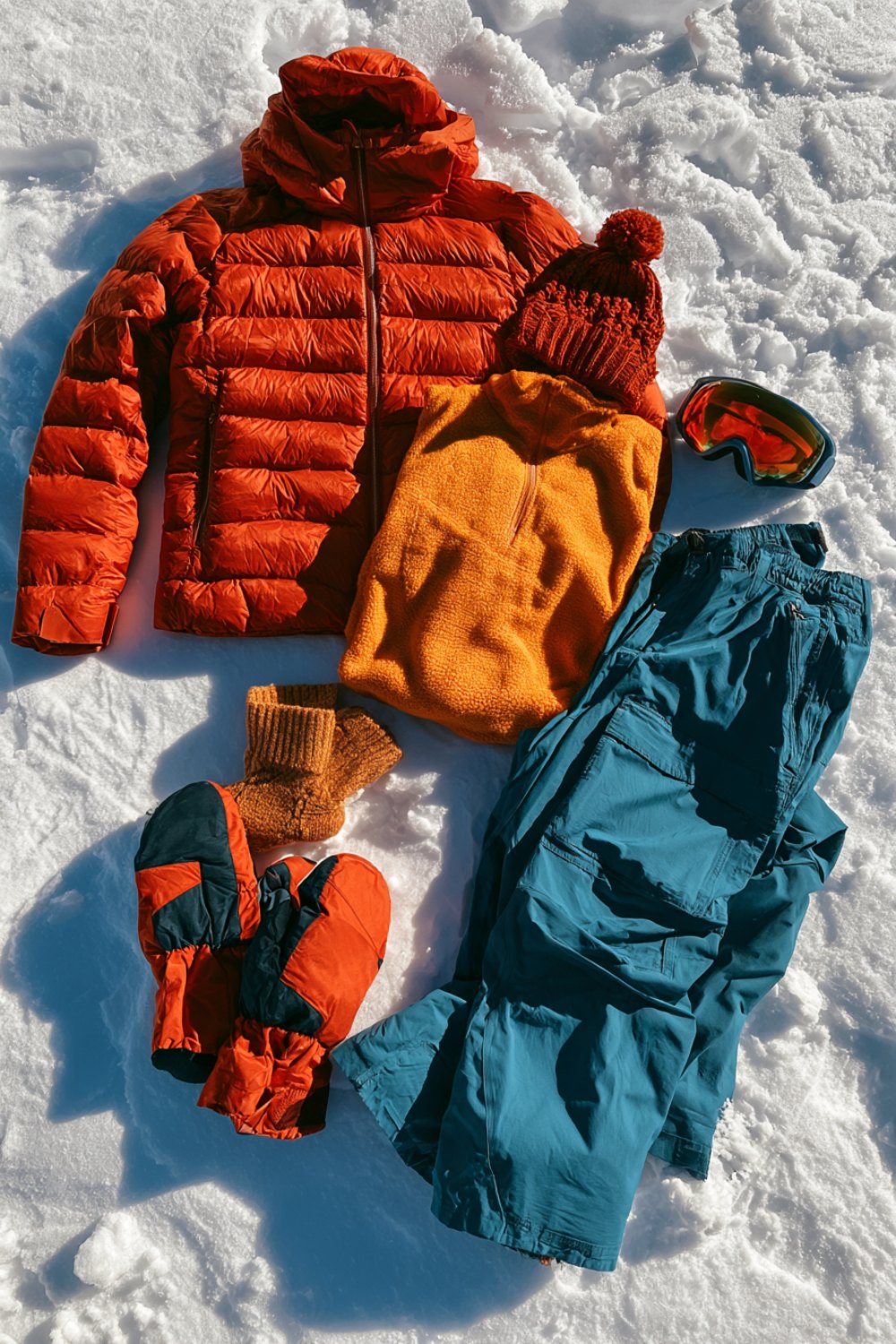 Ski trip outfit flat lay on snow: orange puffer jacket, blue ski pants, beanie and mittens