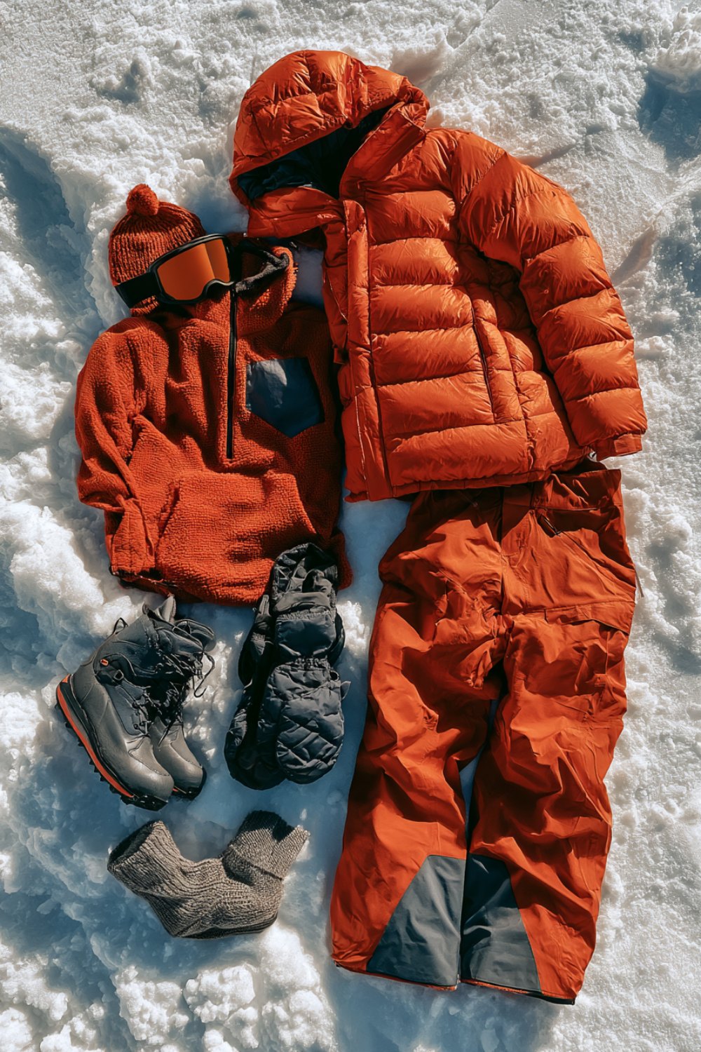 Red ski jacket and pants, boots, goggles and mittens laid out on fresh snow