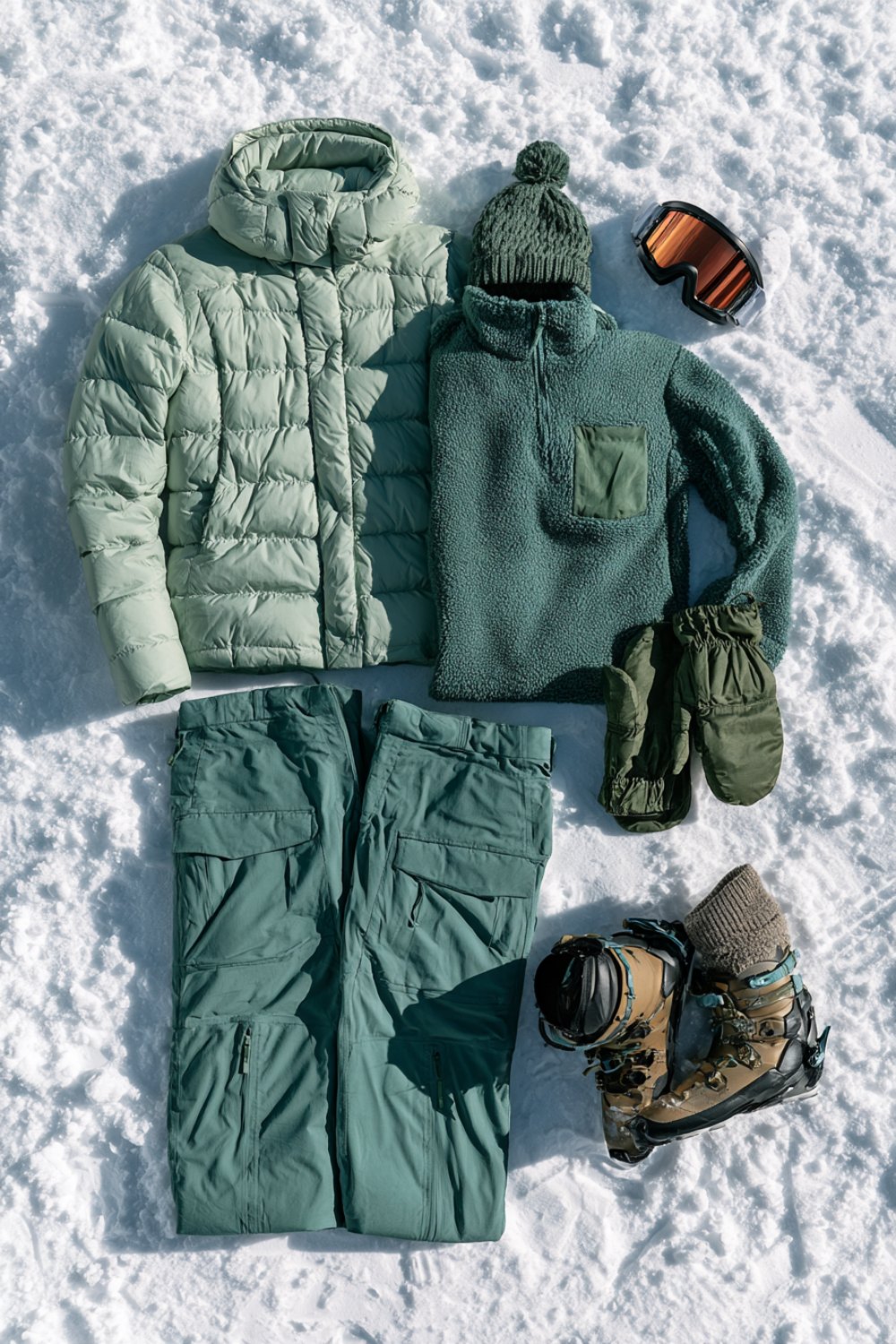 Sage green puffer, ski pants, goggles and boots in a flat lay on snow