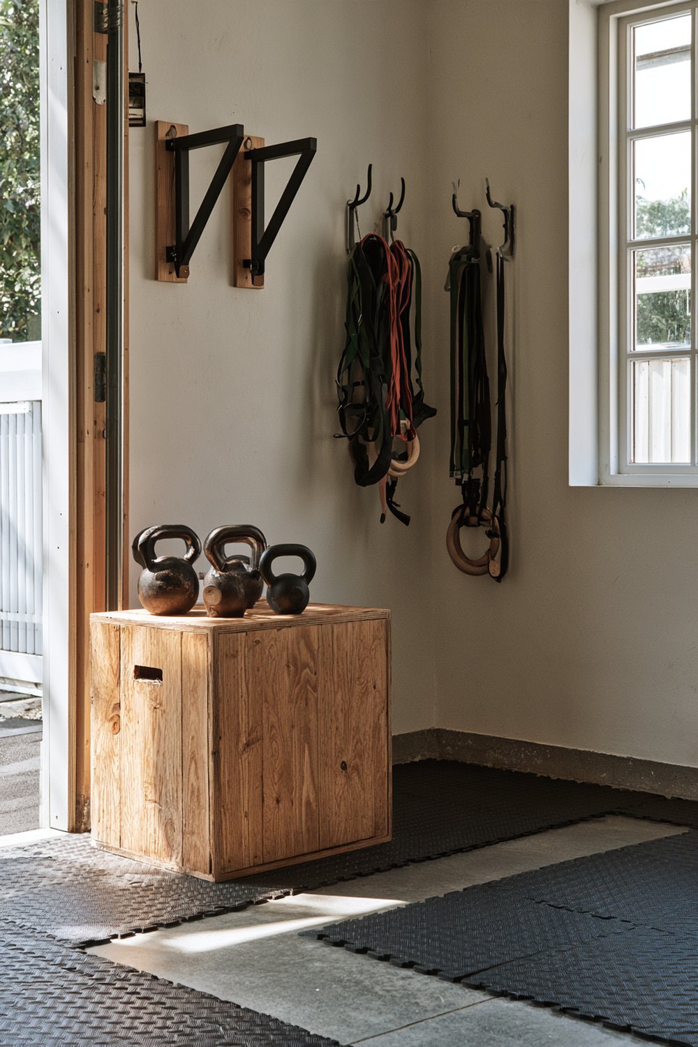 Small garage gym corner with a wooden plyo box, kettlebells, wall-mounted pull-up handles and rubber mats