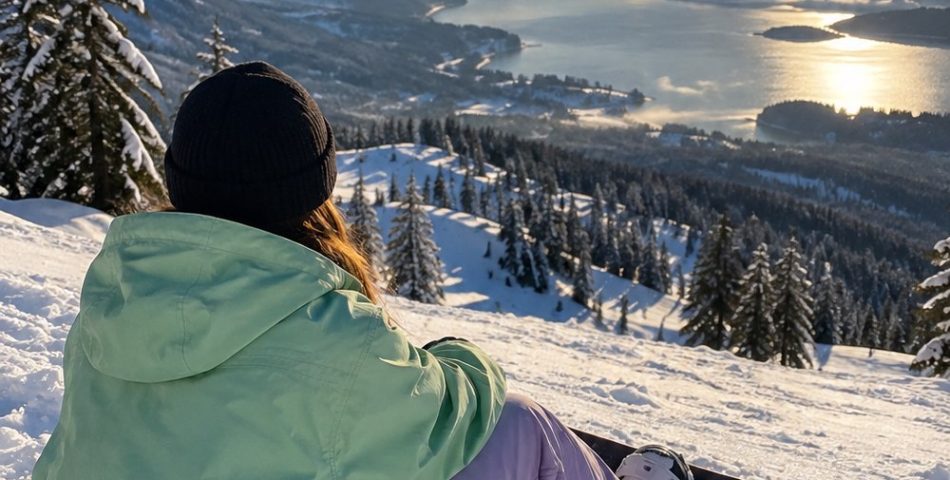Snowboarder seen from behind sitting on fresh snow in a mint green jacket and lavender pants with a mountain view