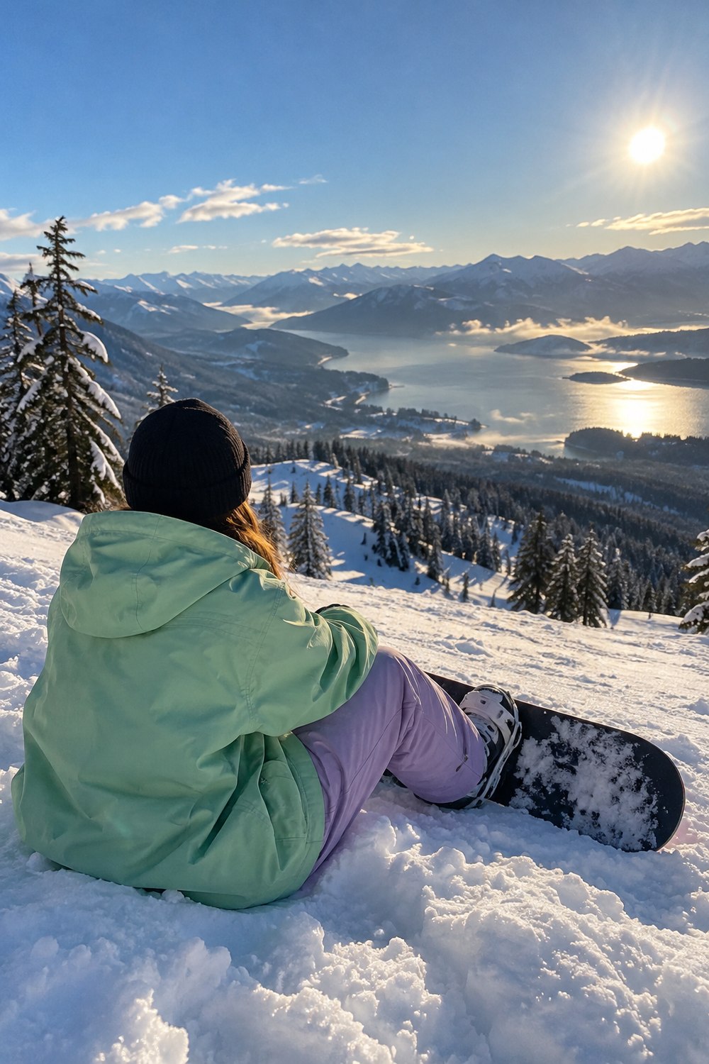 Snowboarder seen from behind sitting on fresh snow in a mint green jacket and lavender pants with a mountain view