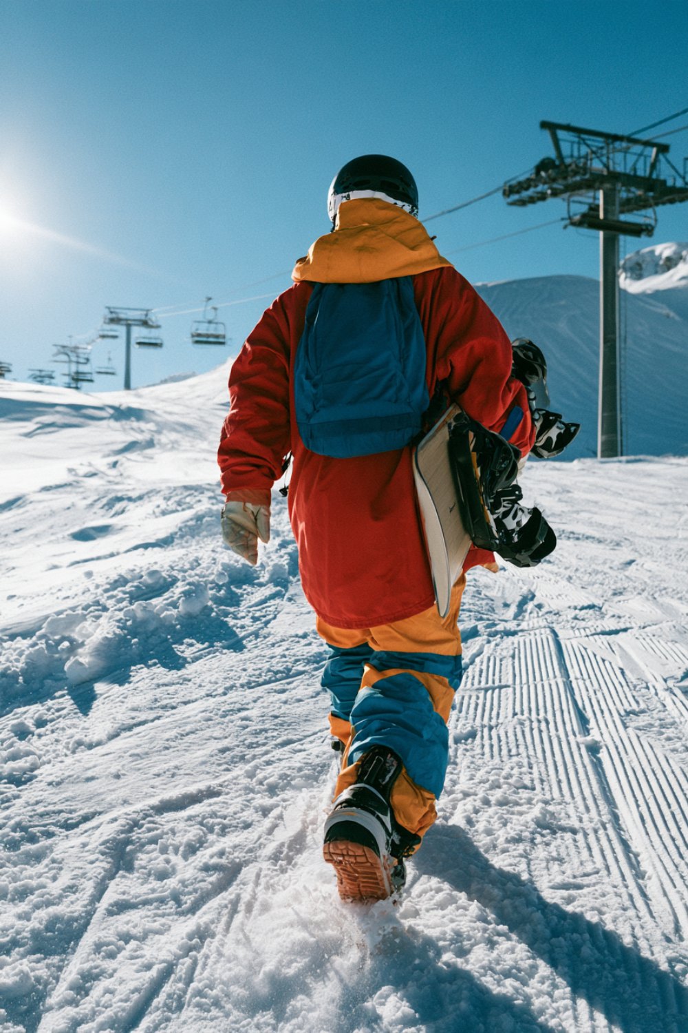 Snowboarder seen from behind carrying a board toward the lift in a red jacket and baggy pants