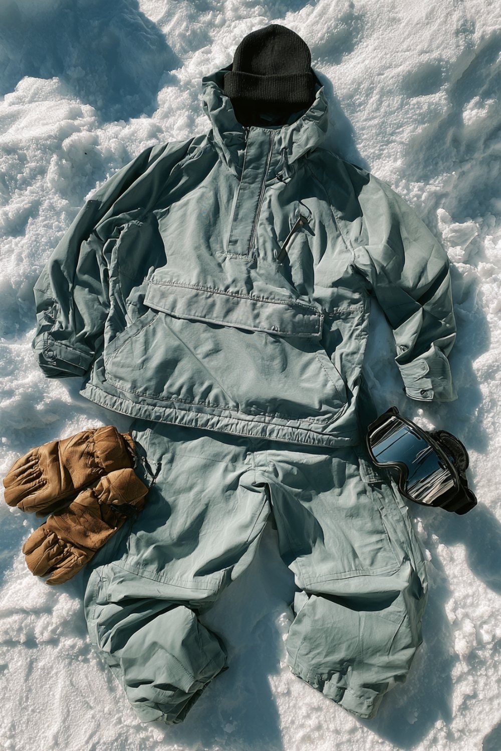 Sage anorak, baggy snow pants, gloves and goggles in a snowboarding outfit flat lay