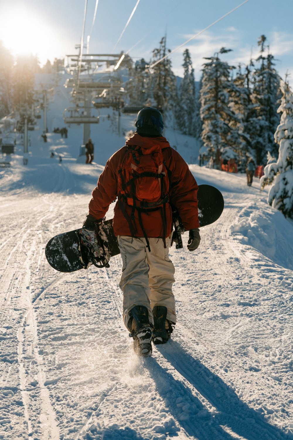 Snowboarder seen from behind walking up a groomed run with a board under one arm