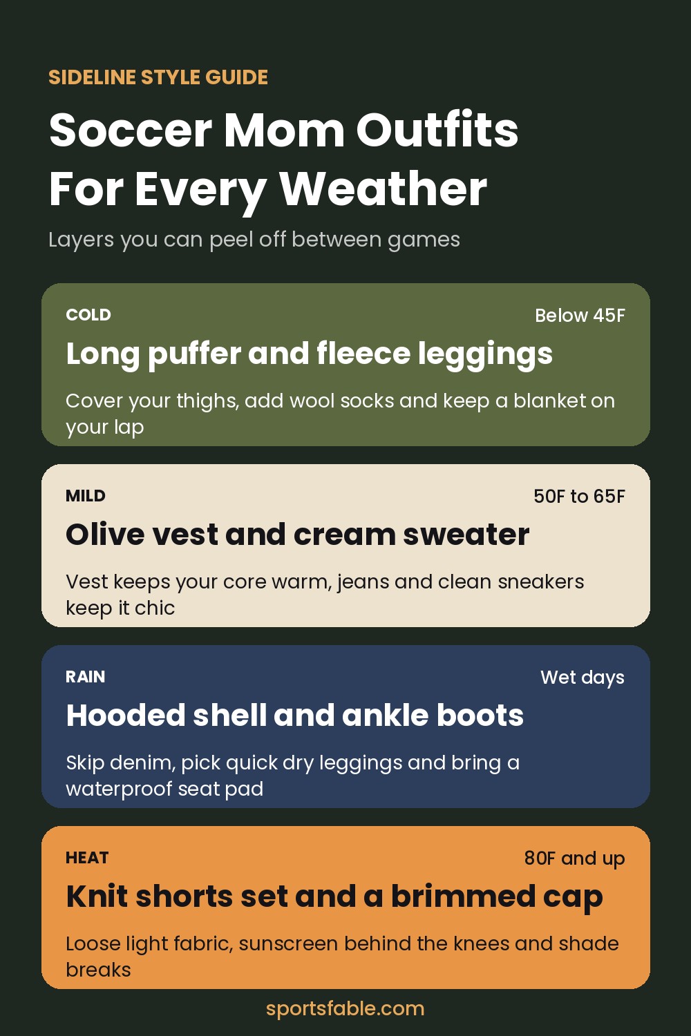 Soccer mom outfits guide card with cold, mild, rain and heat sideline looks