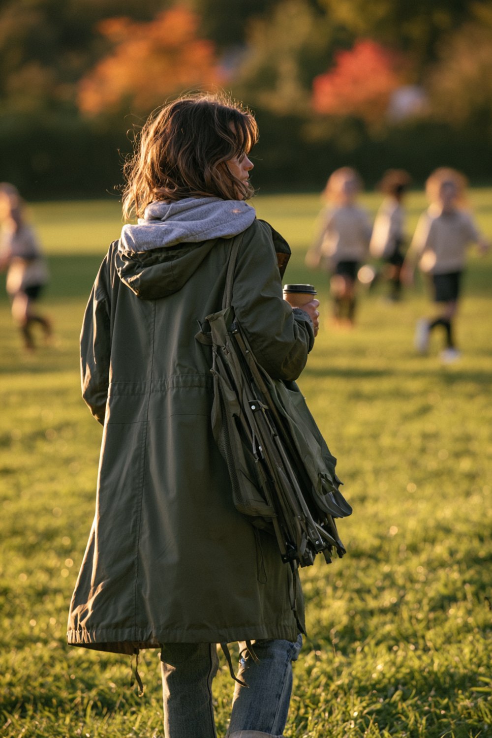 Woman seen from behind on a youth soccer sideline on an autumn morning, carrying a folding chair and coffee