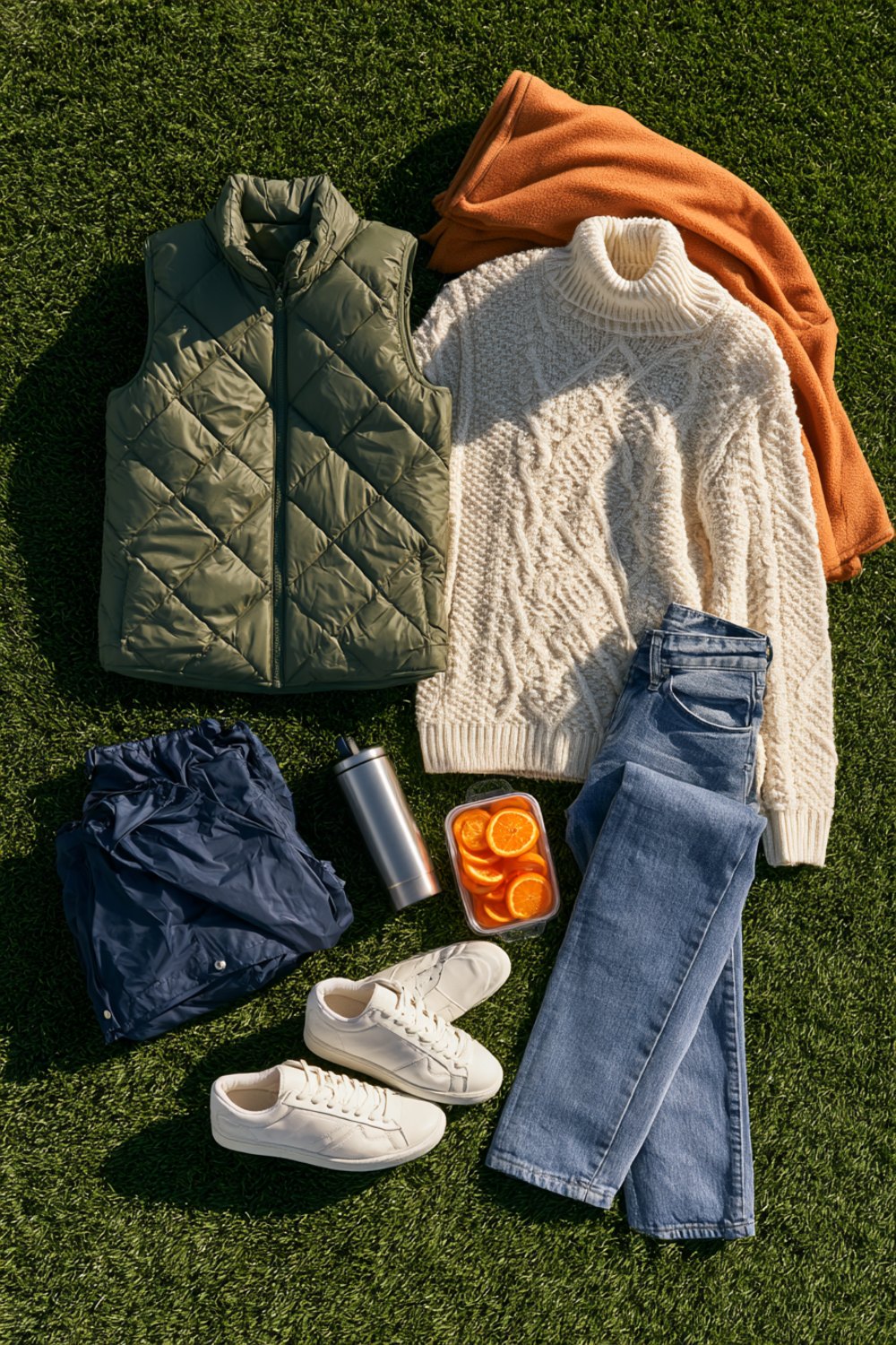 Another flat lay on green turf of an olive quilted vest, cream knit sweater, light jeans, white sneakers, rain shell and orange slices