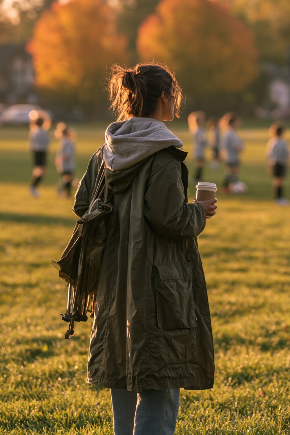 Woman seen from behind on a youth soccer sideline on an autumn morning, carrying a folding chair and coffee, another angle
