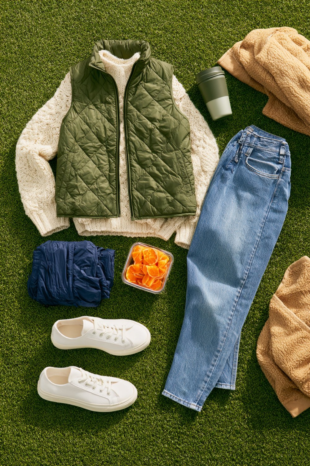 Another flat lay on green turf of an olive quilted vest, cream knit sweater, light jeans, white sneakers, rain shell and orange slices