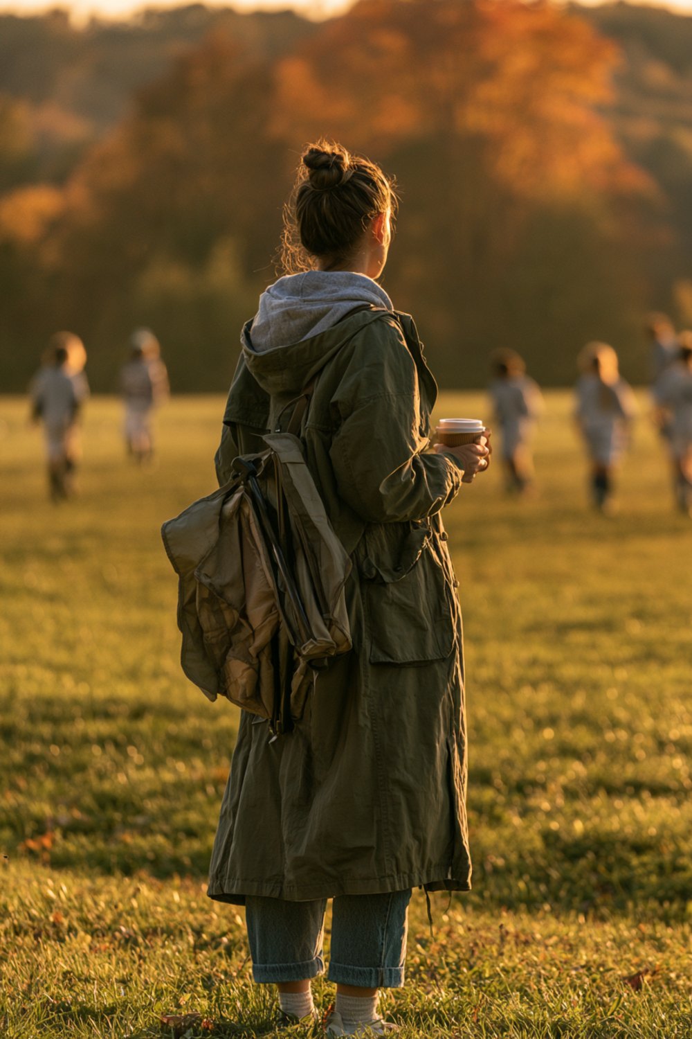 Woman seen from behind on a youth soccer sideline on an autumn morning, carrying a folding chair and coffee, wider view