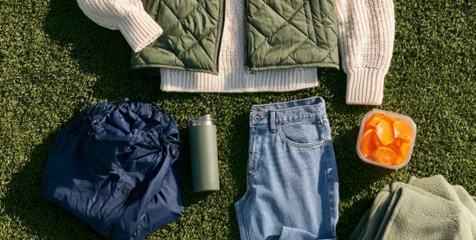 Flat lay on green turf of an olive quilted vest, cream knit sweater, light jeans, white sneakers, rain shell and orange slices