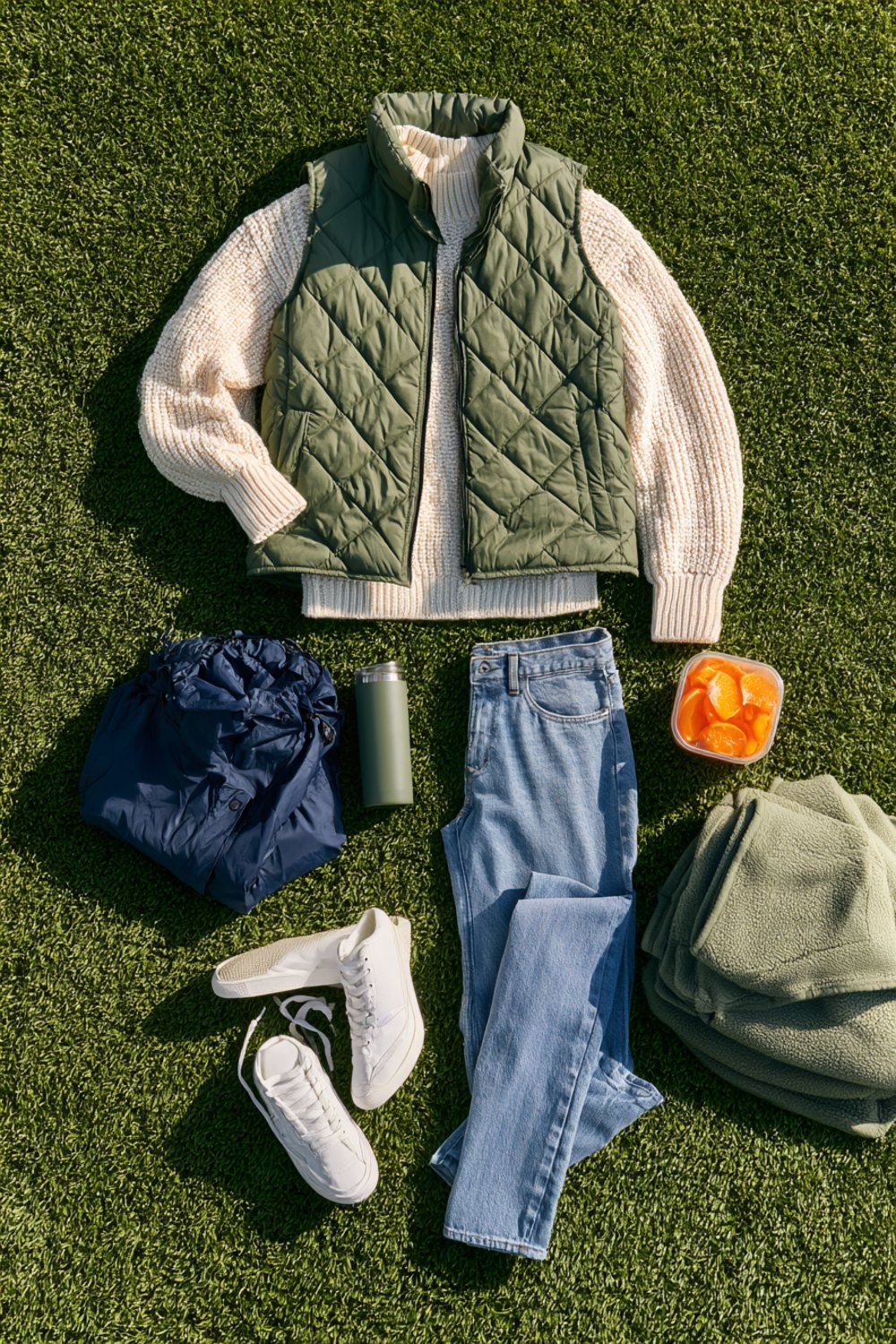 Flat lay on green turf of an olive quilted vest, cream knit sweater, light jeans, white sneakers, rain shell and orange slices