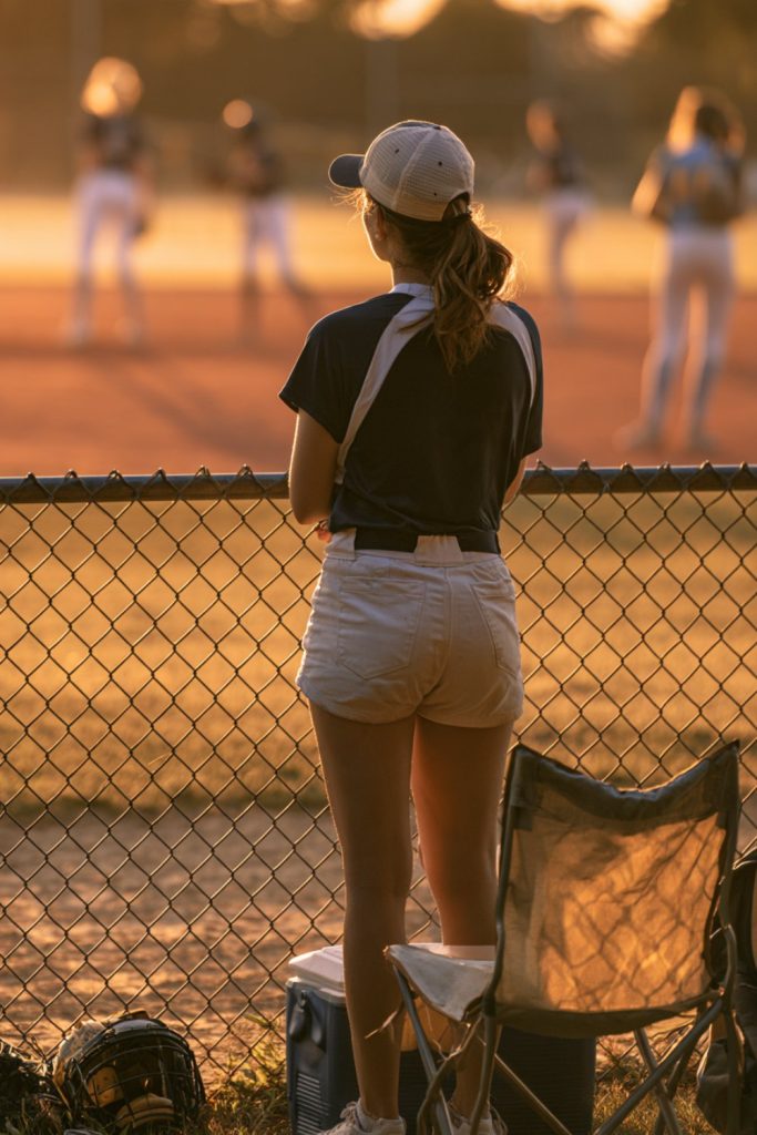 Mom in a cap and shorts standing at the chain link fence of a softball field at golden hour, seen from behind