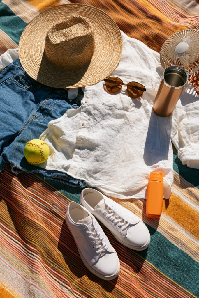 Summer flat lay of a white linen shirt, denim shorts, straw hat, sunglasses and white sneakers on a striped blanket