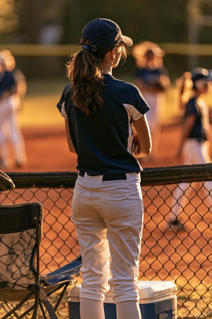 Woman in a navy tee and cap watching softball practice from behind the fence at sunset