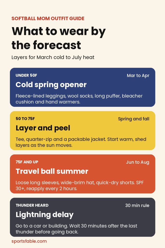 Softball mom outfit guide card showing what to wear under 50F, 50 to 75F, 75F and up, and during a lightning delay