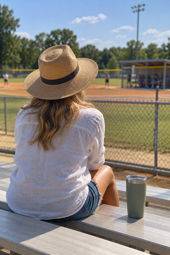 Softball mom seen from behind on aluminum bleachers in a white linen shirt, denim shorts and straw hat, tumbler beside her