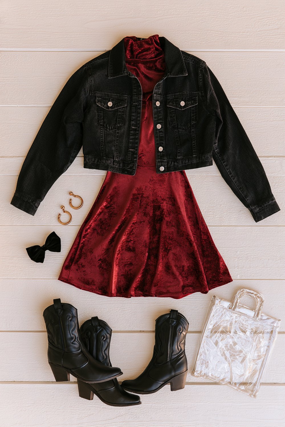 Another flat lay on a white porch of a garnet satin dress, black denim jacket, black boots, gold hoops and a clear stadium bag