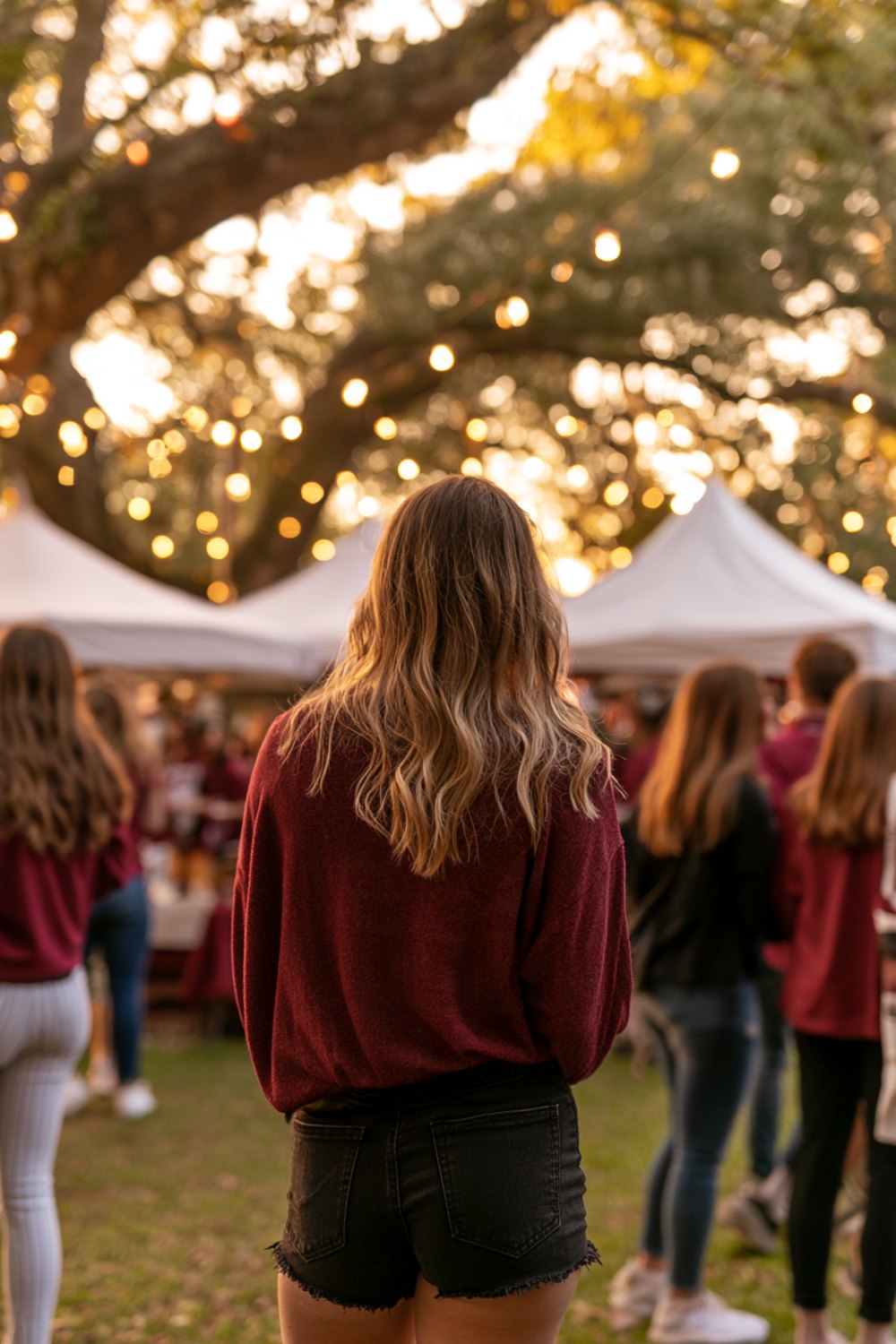 Woman in a garnet top seen from behind at a college tailgate under oak trees and string lights, another angle