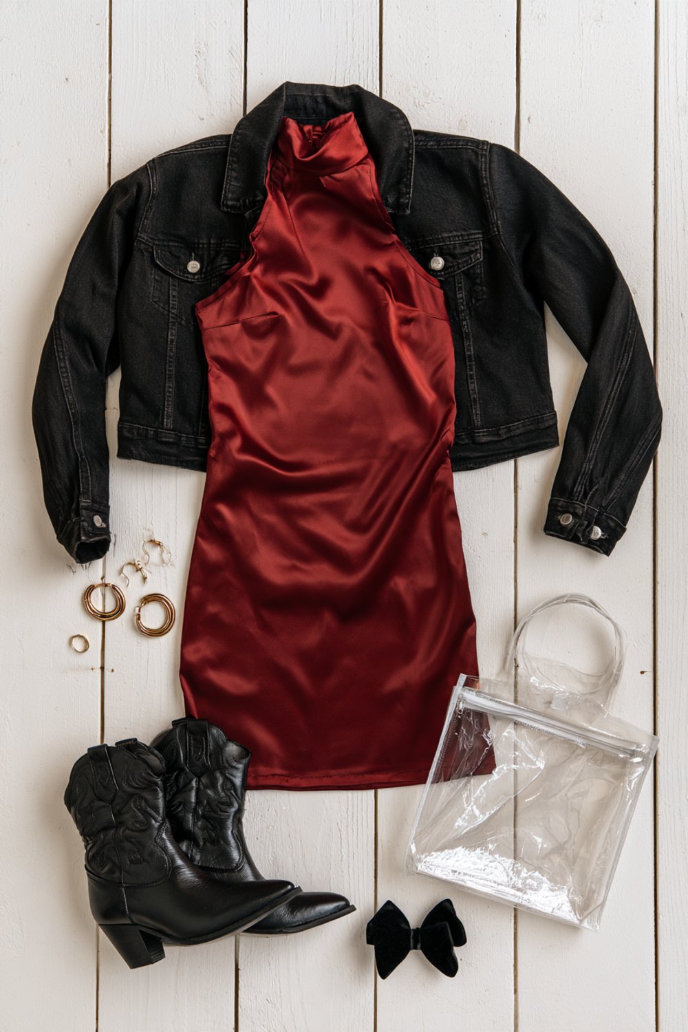 Another flat lay on a white porch of a garnet satin dress, black denim jacket, black boots, gold hoops and a clear stadium bag