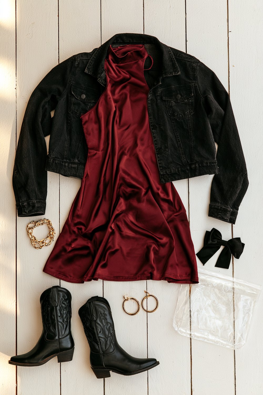 Flat lay on a white porch of a garnet satin dress, black denim jacket, black boots, gold hoops and a clear stadium bag
