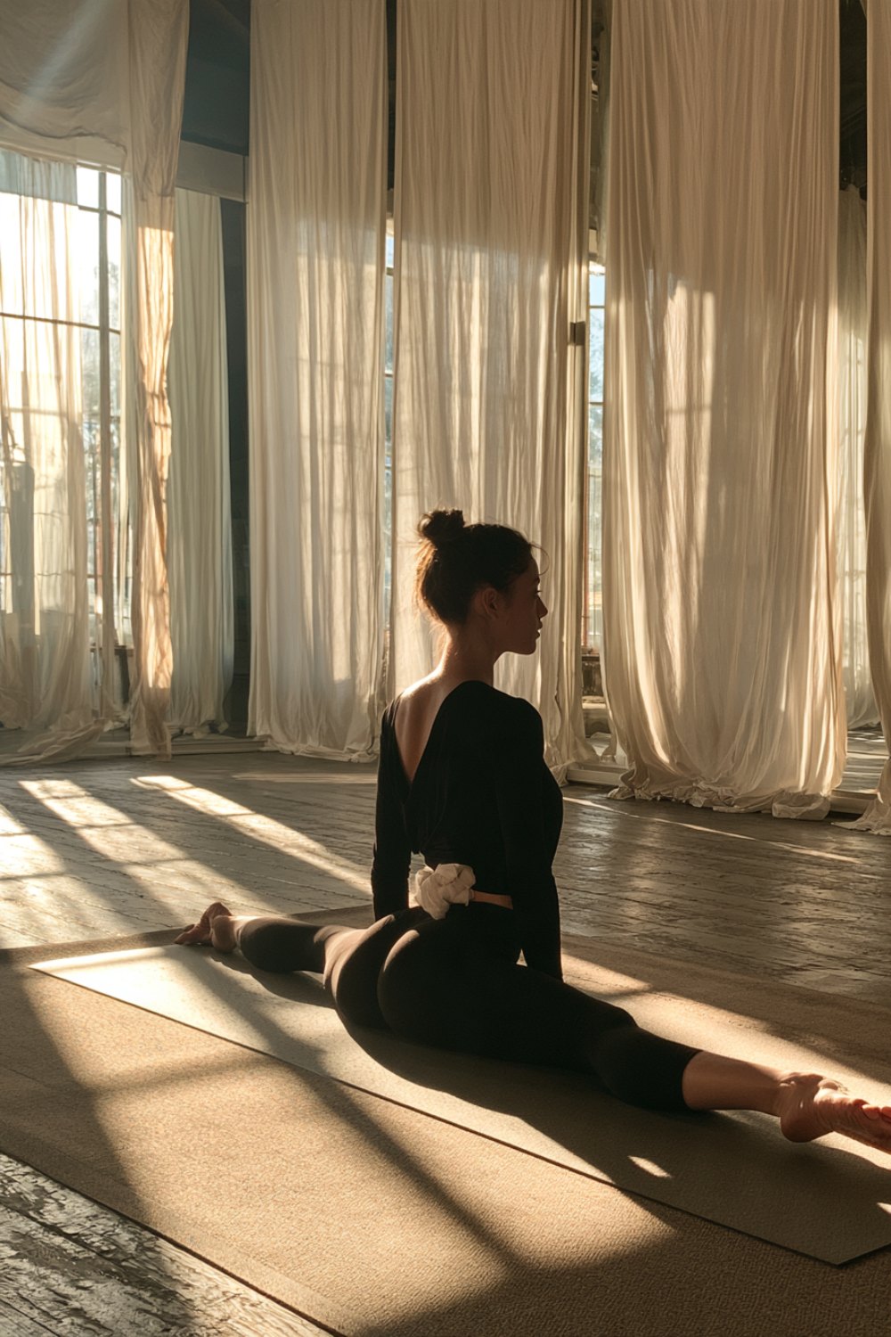 Woman seen from behind stretching toward a split on a mat in a sunny studio with sheer curtains