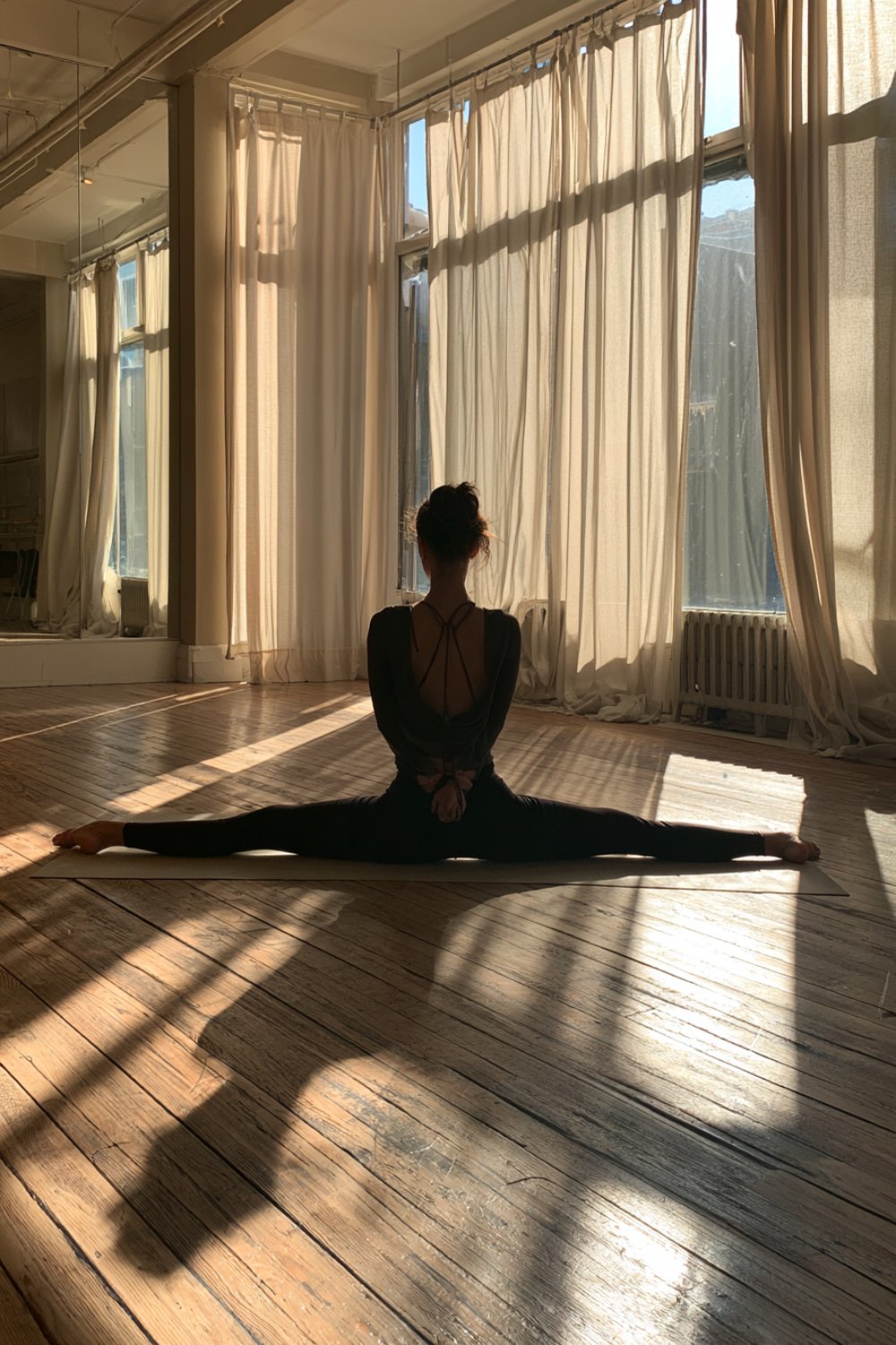 Woman from behind sitting in a middle split on the floor of a bright studio, long shadows