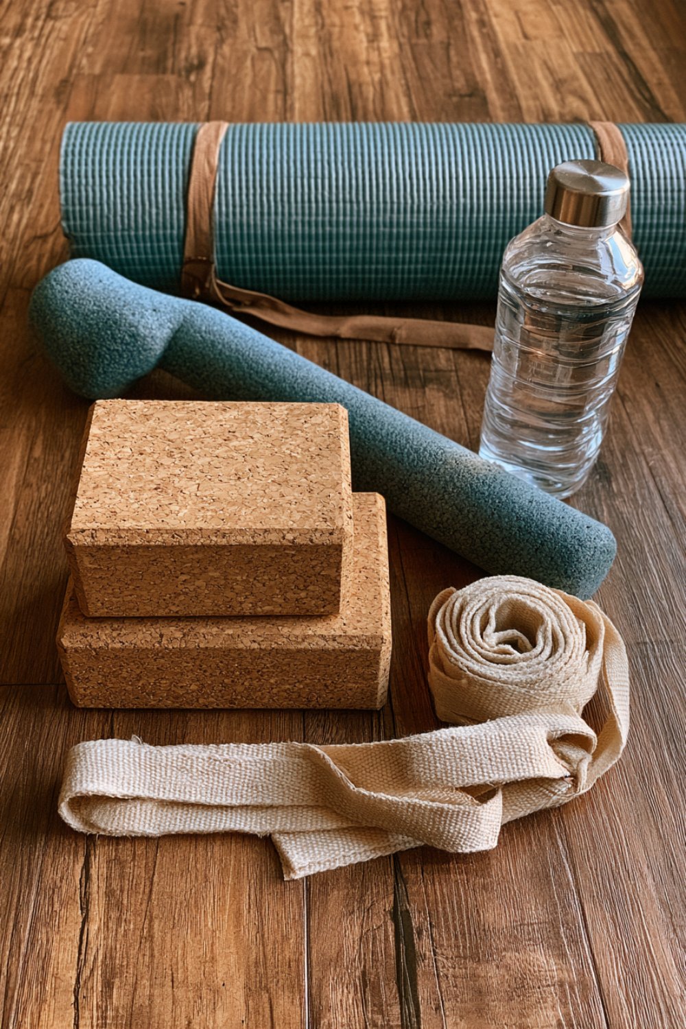 Flexibility gear flat lay: rolled yoga mat, two cork blocks, a cotton strap, foam roller and water bottle