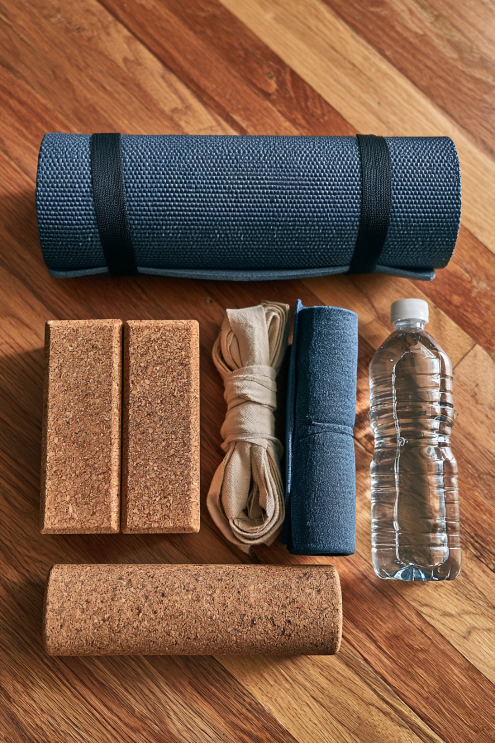 Cork yoga blocks, a stretch strap, foam roller, rolled mat and water bottle on a wooden floor