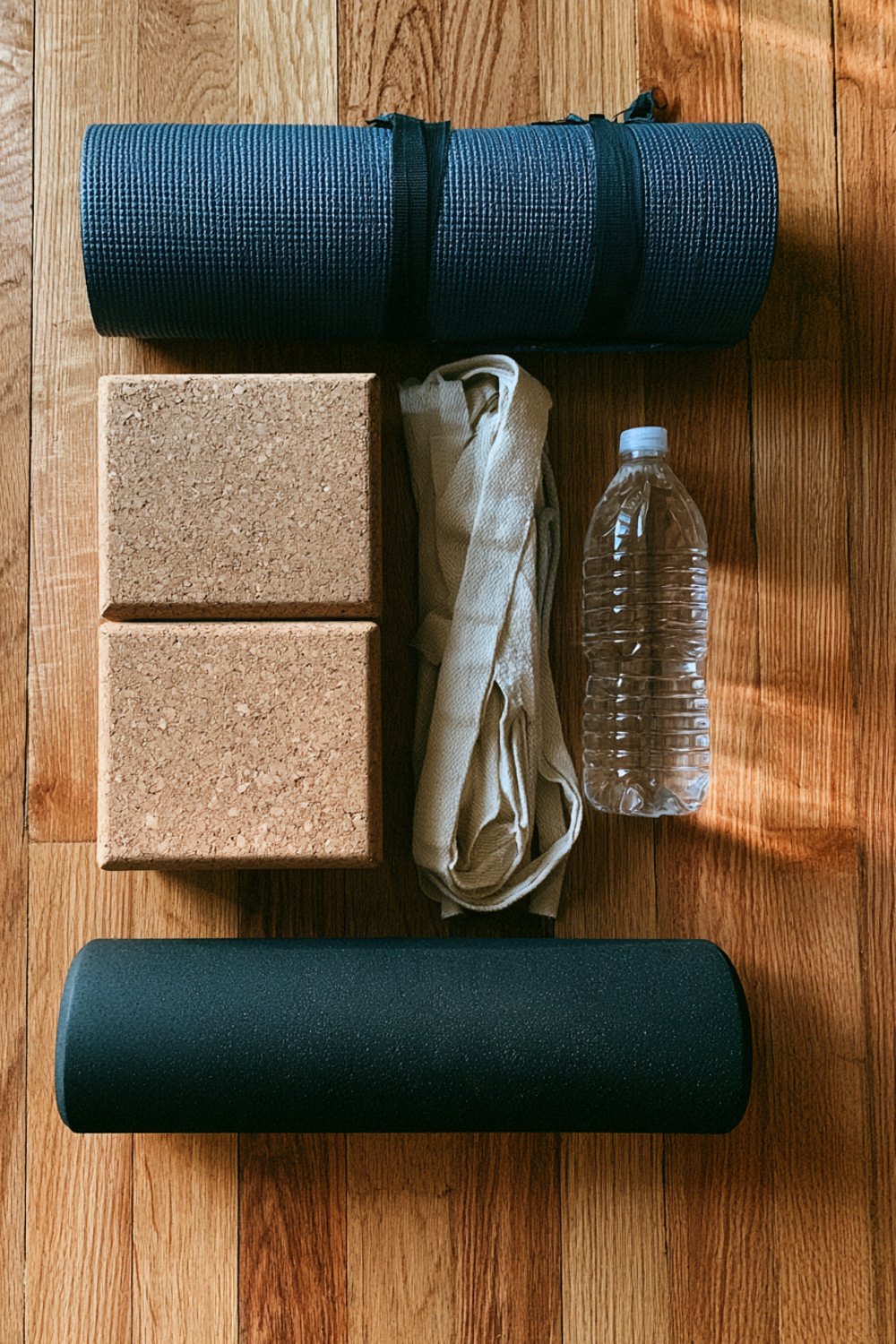 Navy yoga mat, cork blocks, cotton strap, foam roller and water bottle arranged on hardwood