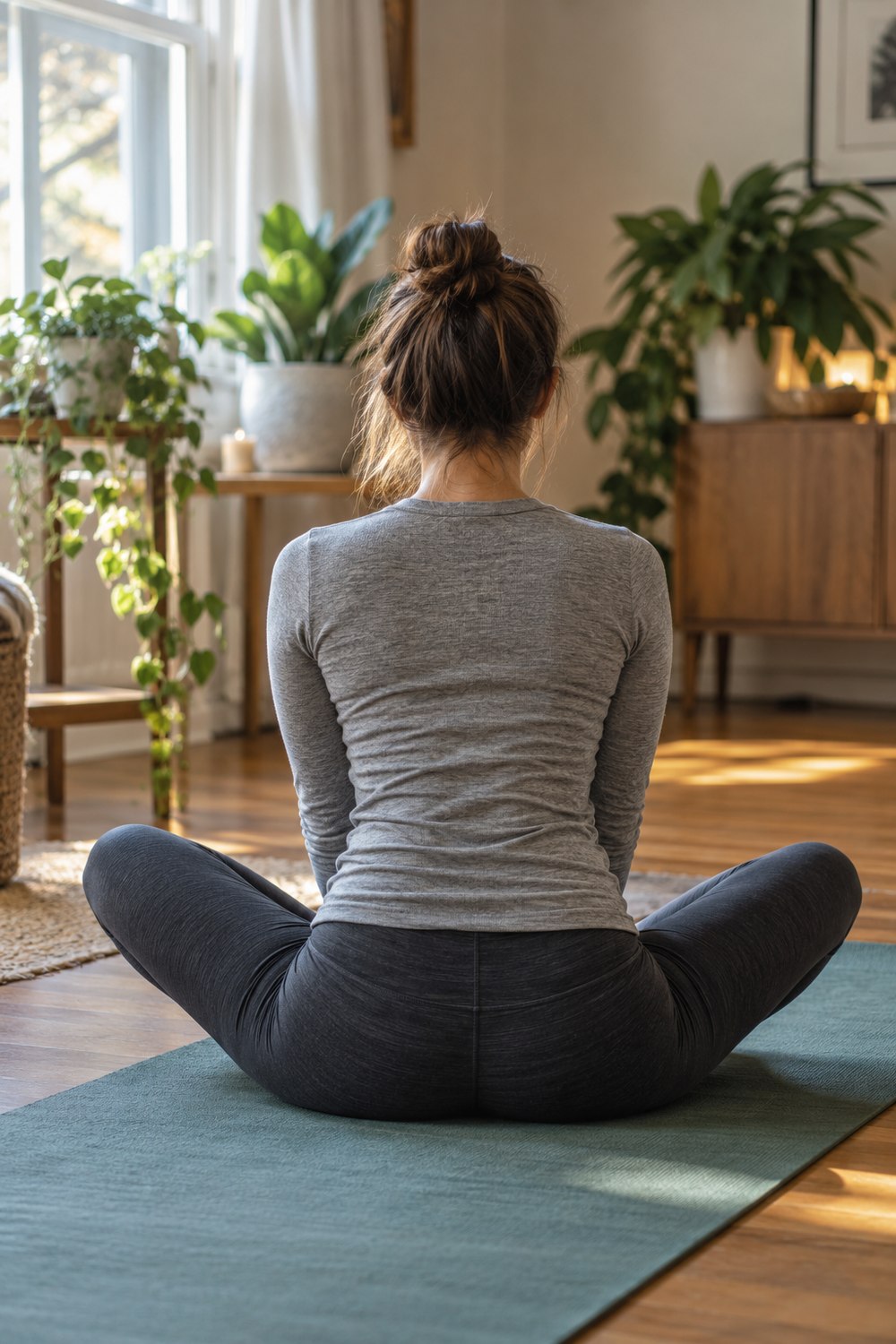 Woman from behind sitting in a butterfly stretch with soles together as part of a middle splits routine