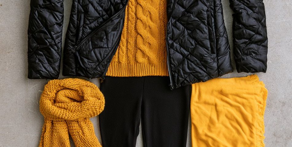 Flat lay of a black quilted puffer jacket, mustard gold cable knit sweater, black leggings and boots with a plain gold towel on concrete
