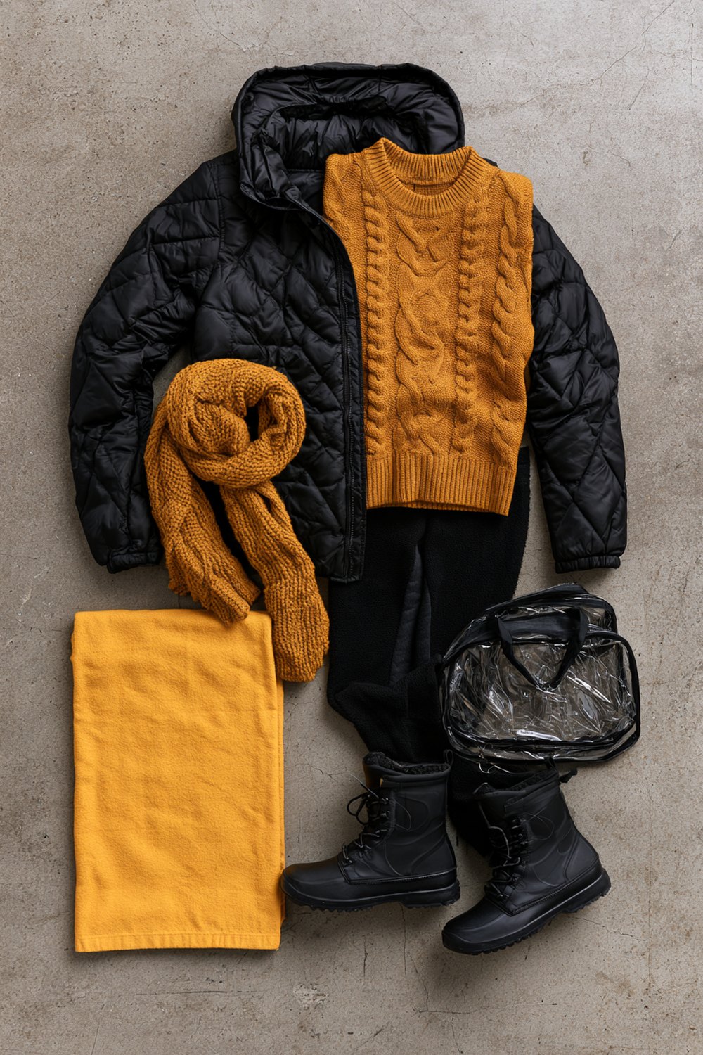 Black and gold winter game day outfit laid out with a gold scarf, black boots and a clear stadium bag