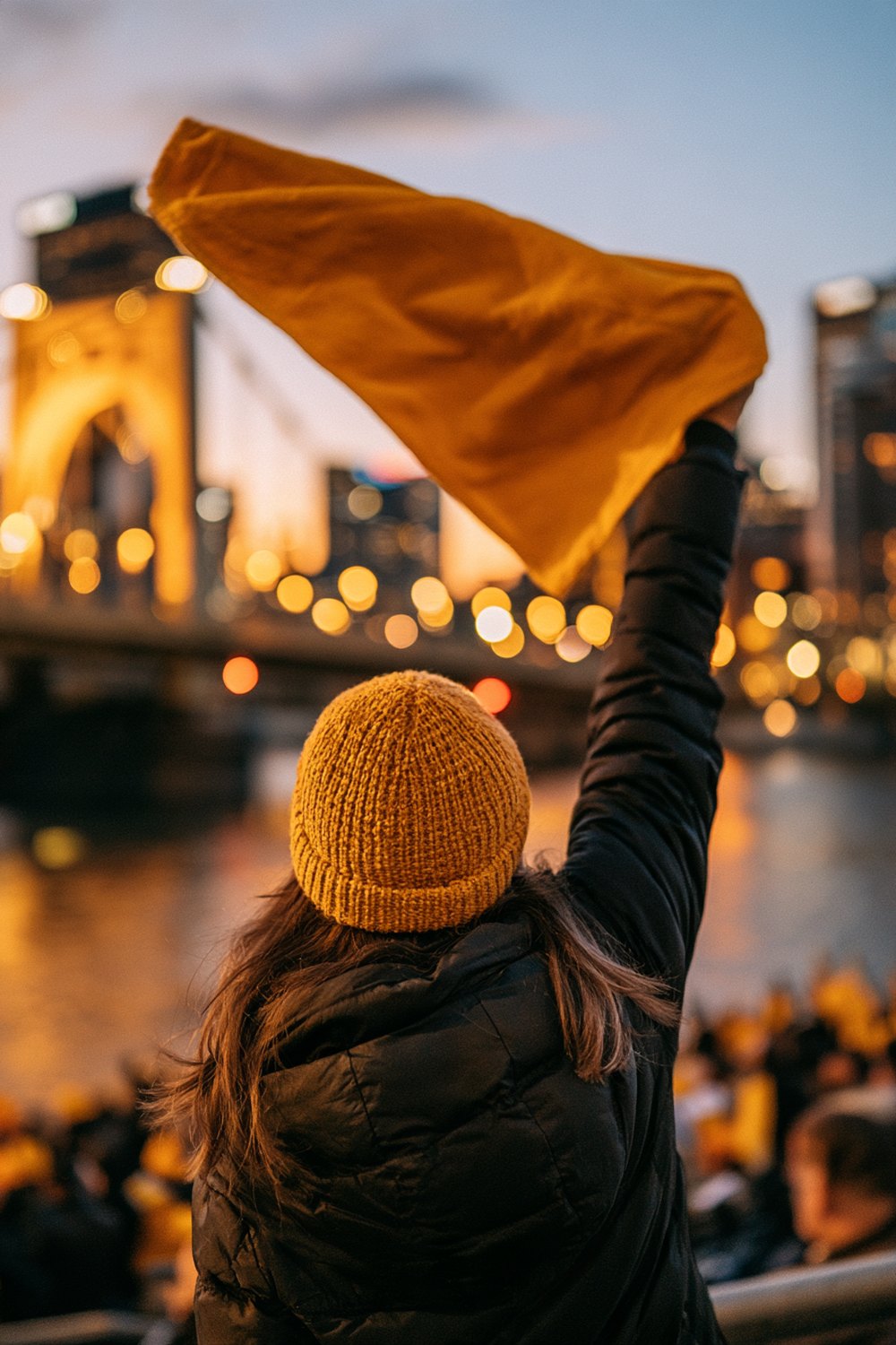 Woman seen from behind waving a plain golden yellow towel at a riverside stadium at dusk with city bridges behind
