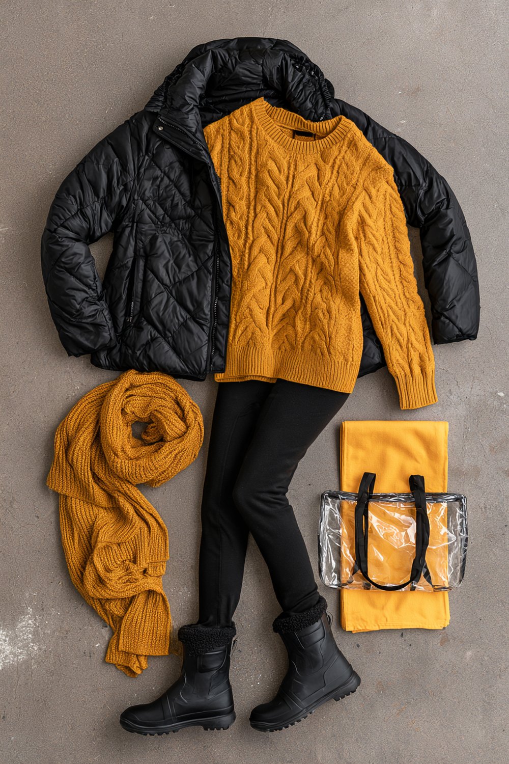 Black puffer, gold sweater, gold scarf and clear tote arranged as a cold weather football outfit