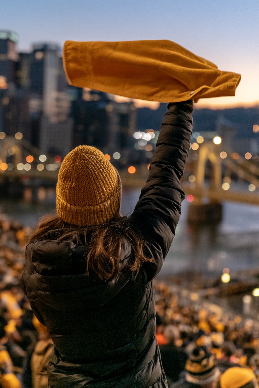 Back view of a fan in a gold knit beanie raising a yellow towel above a crowd with the city skyline lit up