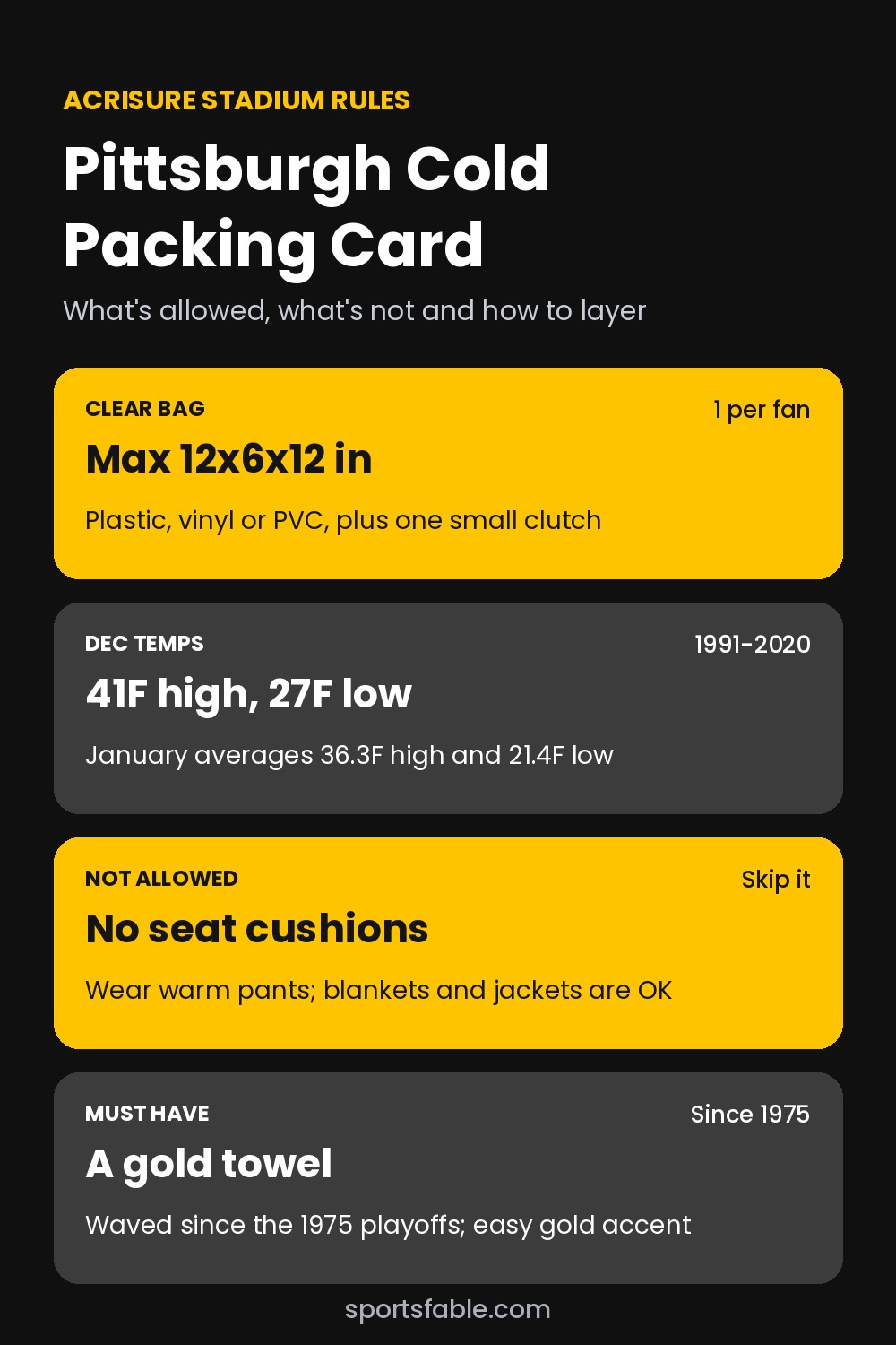 Acrisure Stadium packing card with clear bag size, December temperatures, seat cushion rule and a gold towel tip