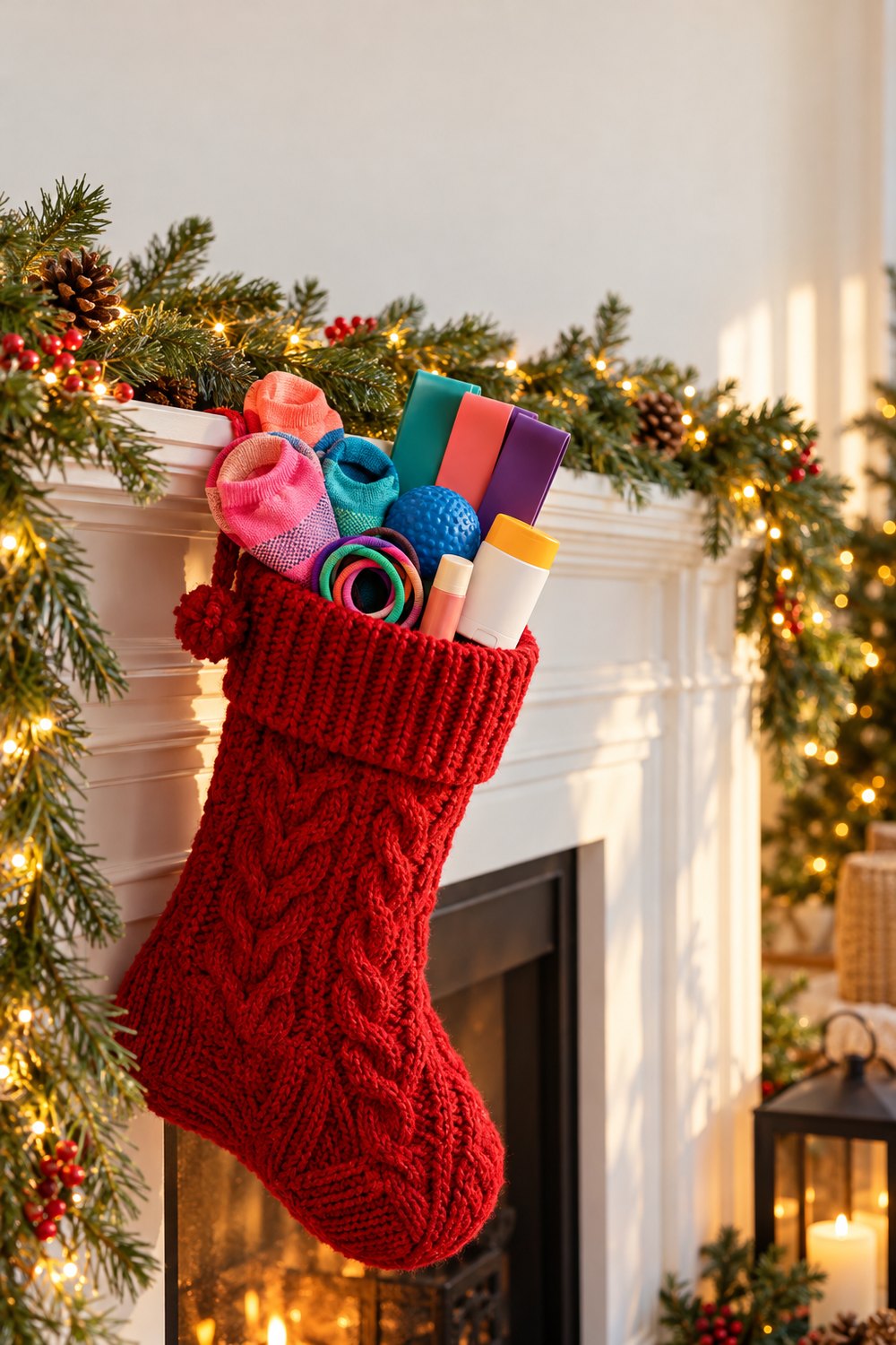 Red knit Christmas stocking filled with stocking stuffers for athletes: socks, hair ties, resistance bands and lip balm