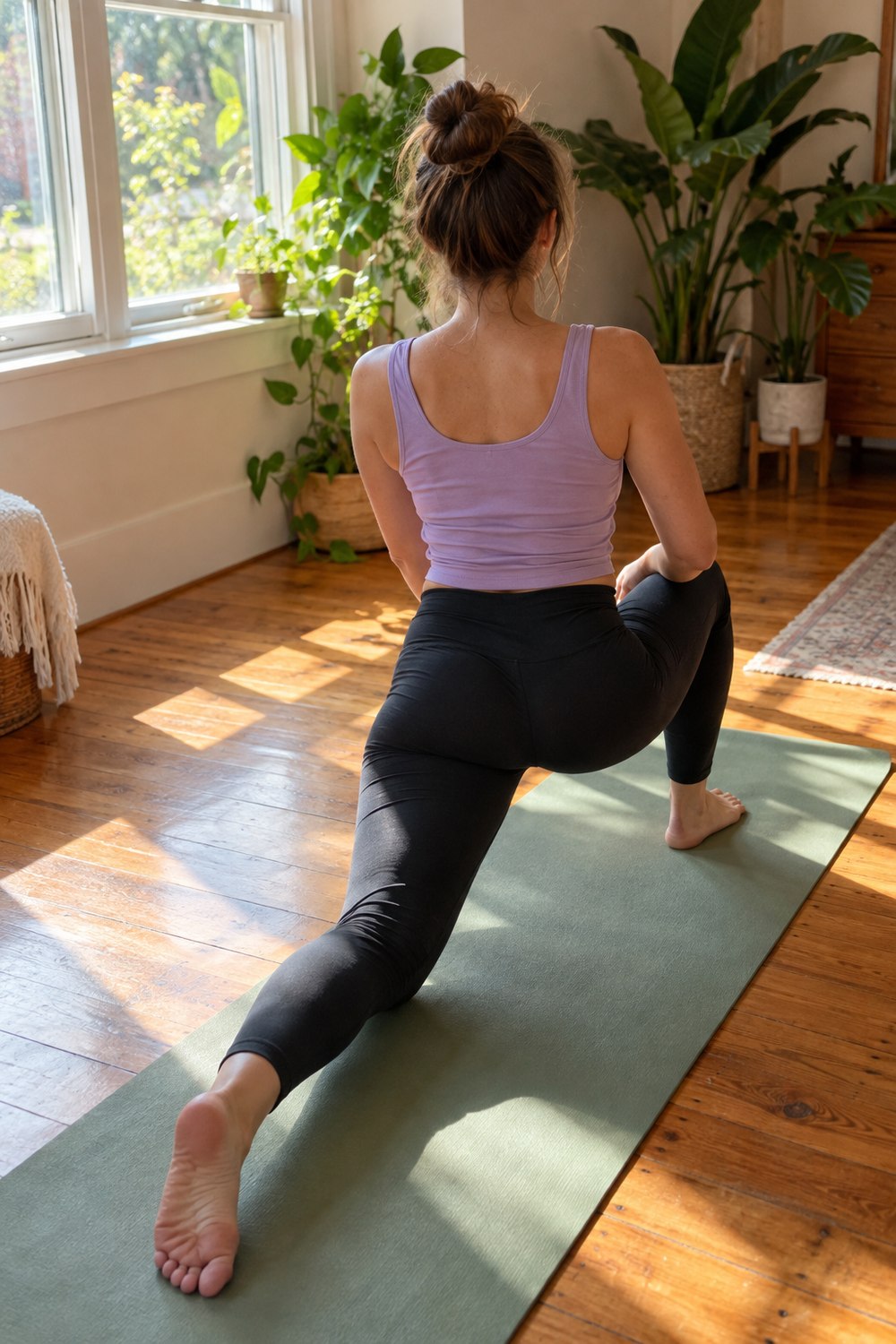 Person seen from behind doing a low lunge hip flexor stretch on a green yoga mat in a sunny room
