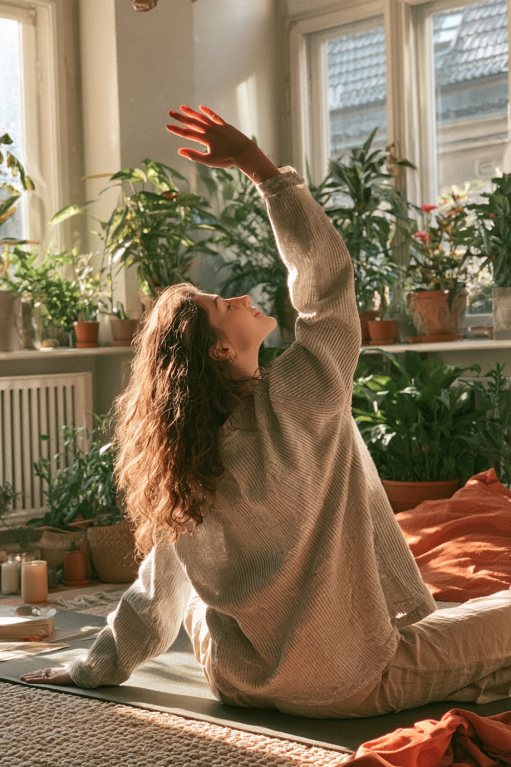 Woman seen from behind doing a seated side stretch on a mat in a sunny room full of plants