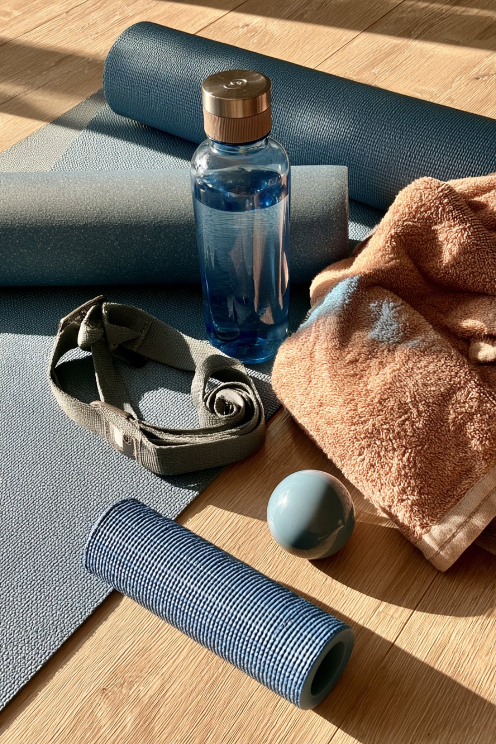 Stretching tools on a wood floor: yoga mat, strap, foam roller, massage ball and towel