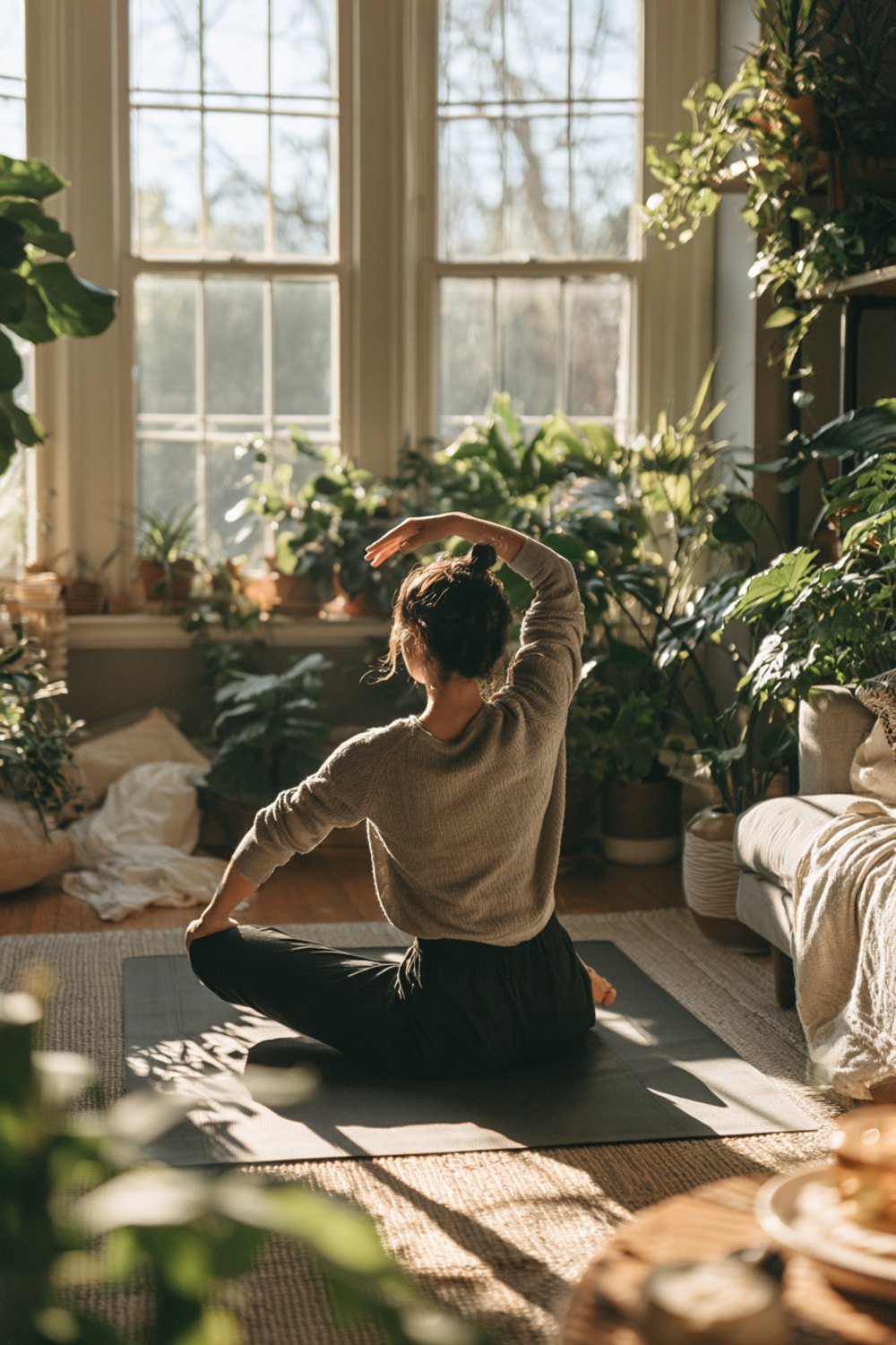 Seated stretch seen from behind on a yoga mat in bright morning light