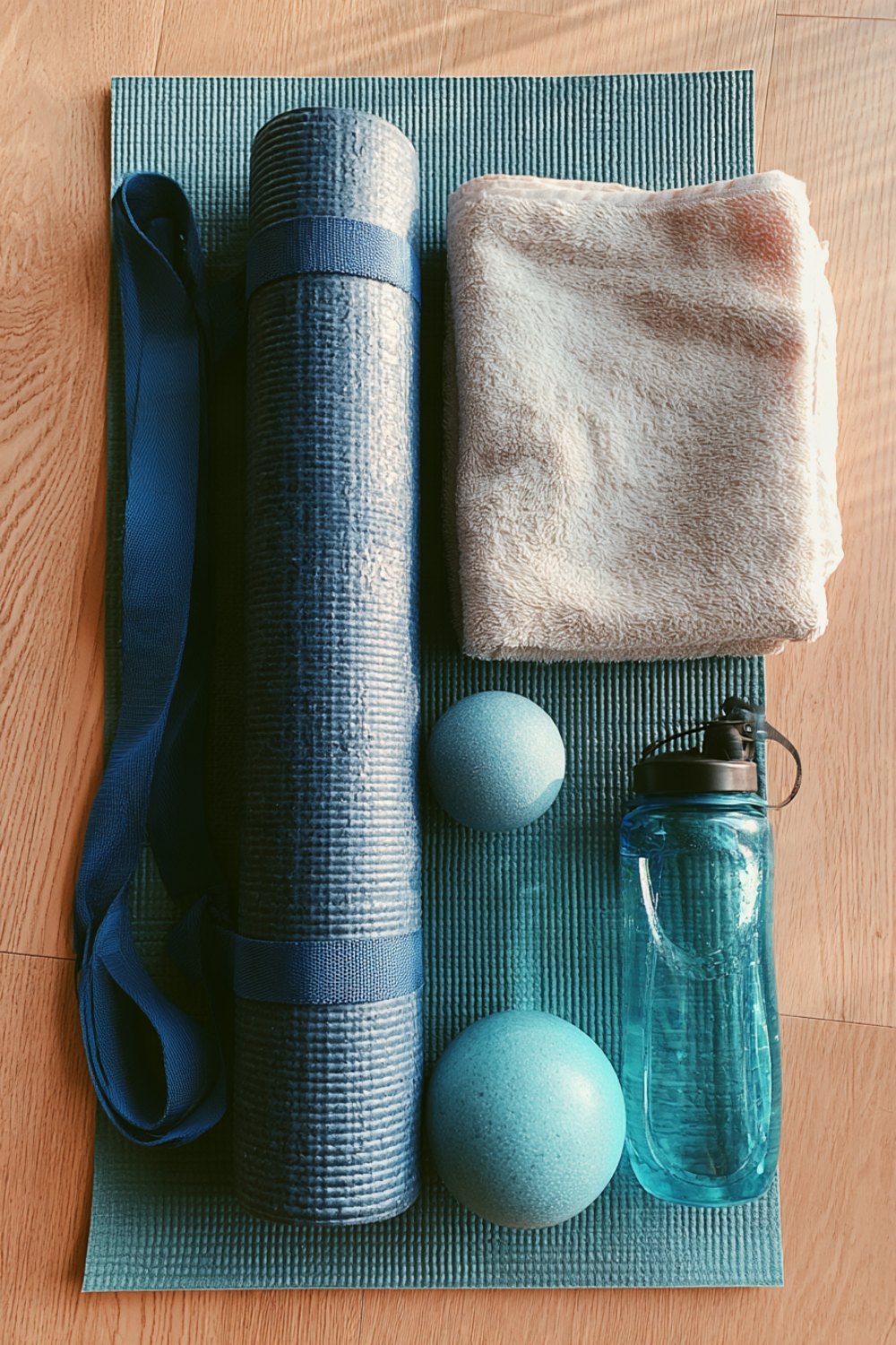 Blue yoga mat, massage balls, towel and water bottle arranged for a post workout stretch