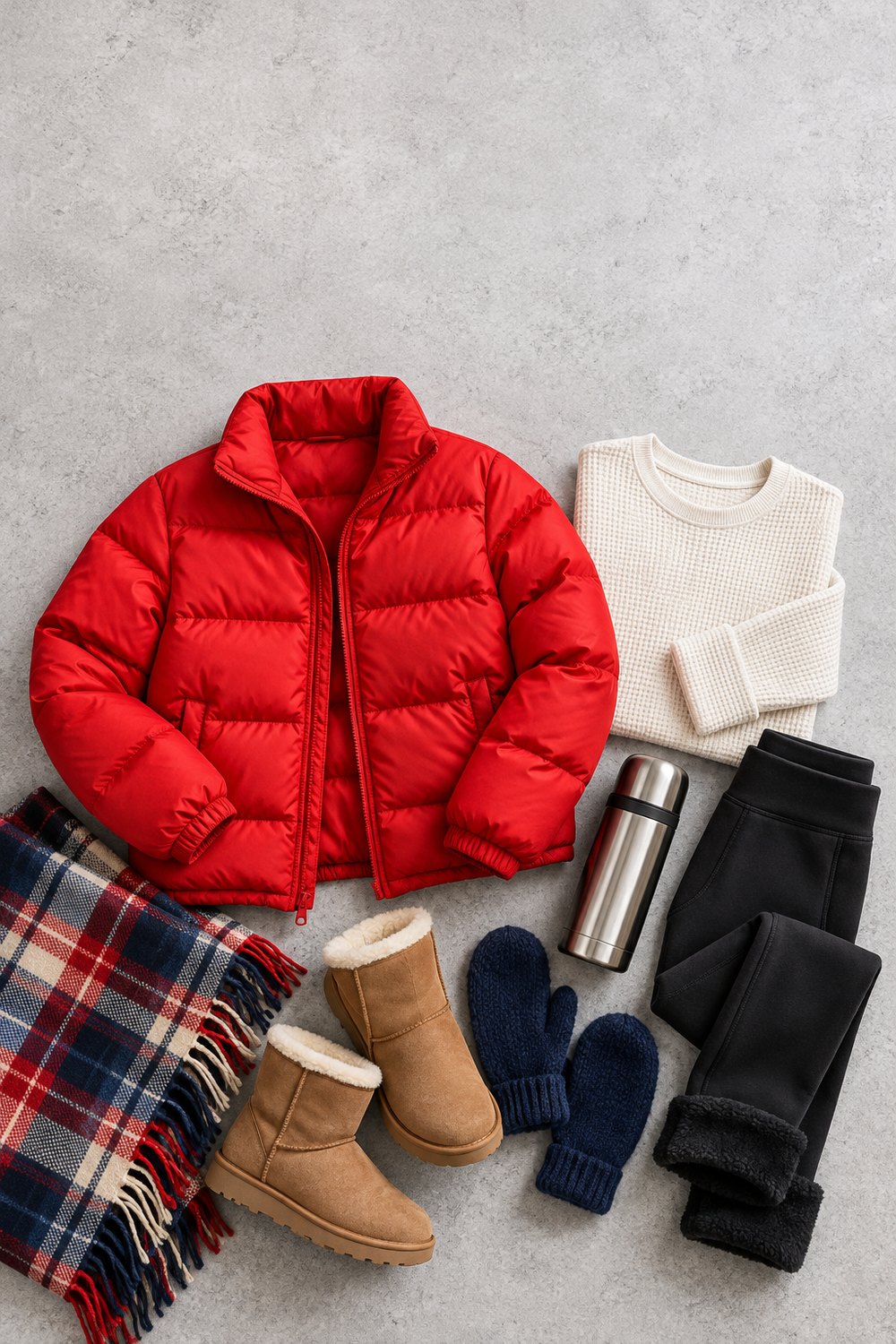 Flat lay of a red puffer jacket, waffle thermal top, fleece-lined leggings, lined boots, mittens, blanket and thermos