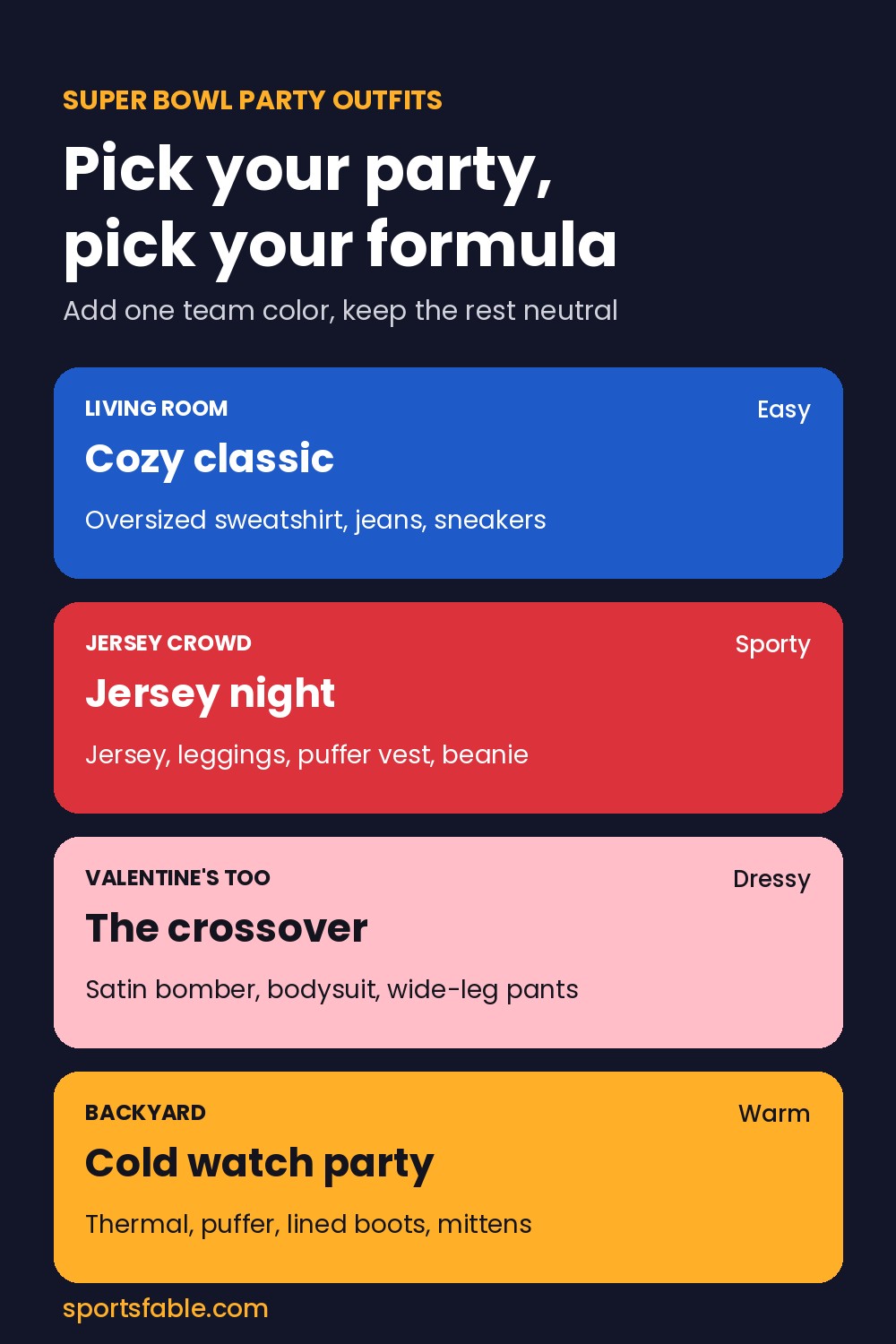 Super Bowl party outfit formulas: cozy classic, jersey night, Valentine crossover and cold watch party