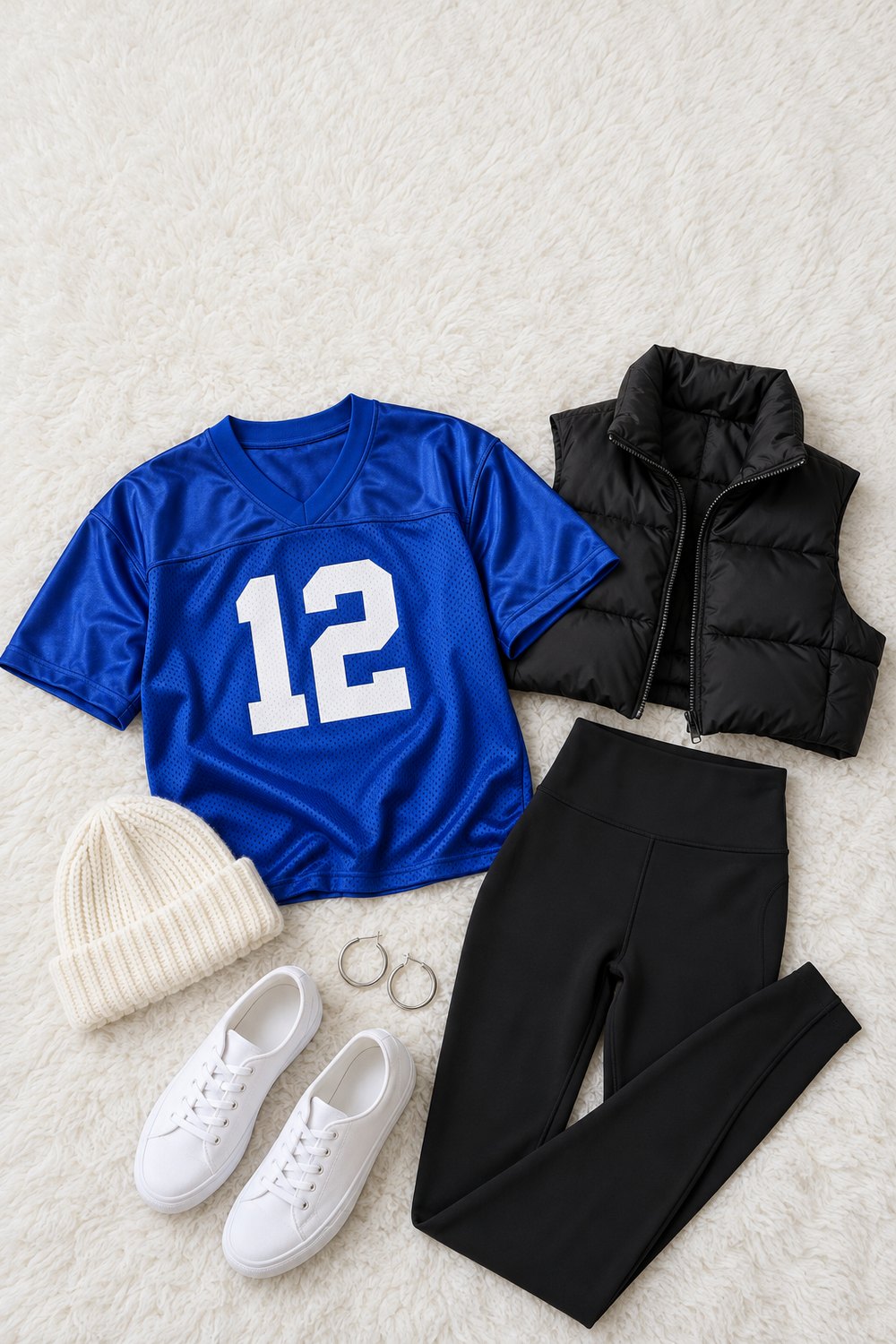 Flat lay of a blue football jersey, black cropped puffer vest, leggings, cream beanie and white sneakers